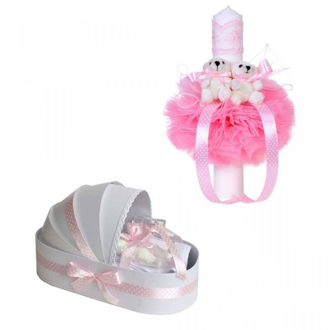 Set cu Trusou botez in landou si lumanare cu ursuleti pentru fetita Denikos® 42 - NKO1556