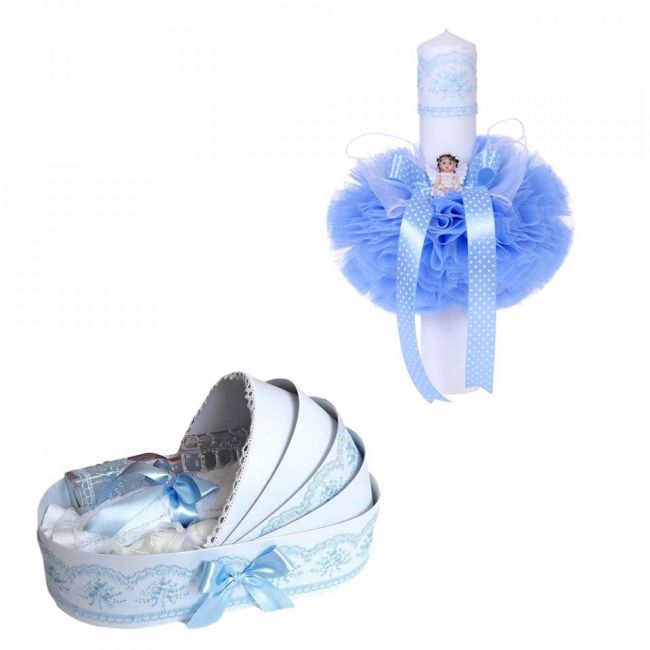 Pachet Trusou botez in landou si lumanare glob ingeras pentru baieti, decor bleu Denikos® 160 - NKO1715