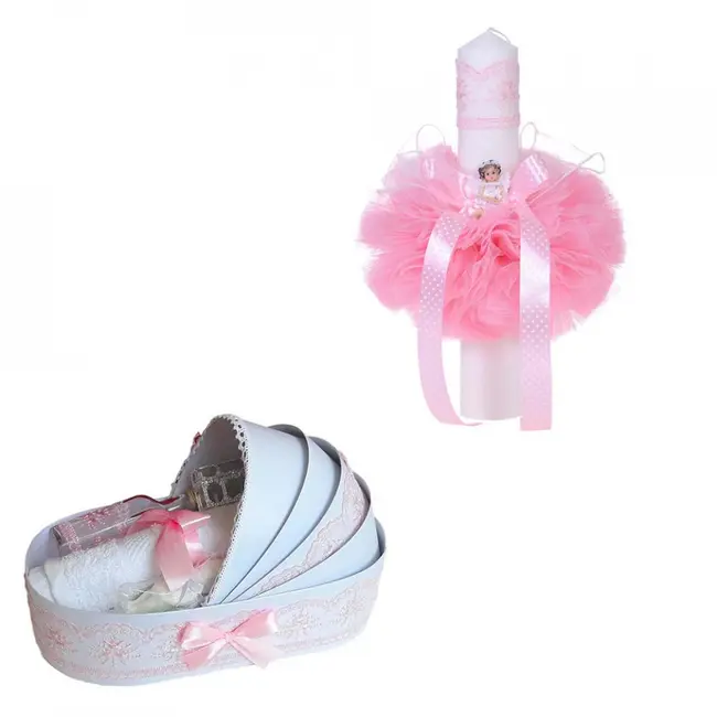 Set Trusou de botez Fetite in cutie landou si lumanare glob cu ingeras cu decor roz Denikos&reg; 159 - NKO1714