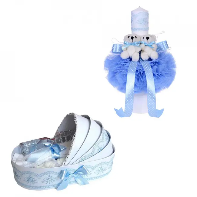 Set trusou botez si lumanare glob cu ursuleti in cutie landou cu decor bleu Baietel Denikos&reg; 155 - NKO1710