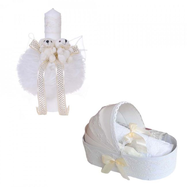 Set Trusou botez in landou si lumanare glob cu ursuleti decor ivoire Unisex Denikos® 157 - NKO1712