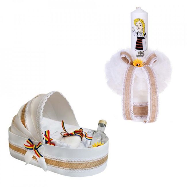 Set Trusou botez in cutie landou Denikos® 117 si lumanare decor traditional Fetita - NKO1672
