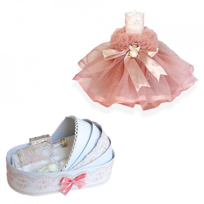 Set Trusou botez Fete in cutie landou si lumanare cu ingeras in decor dusty rose Denikos® 168 - NKO1723