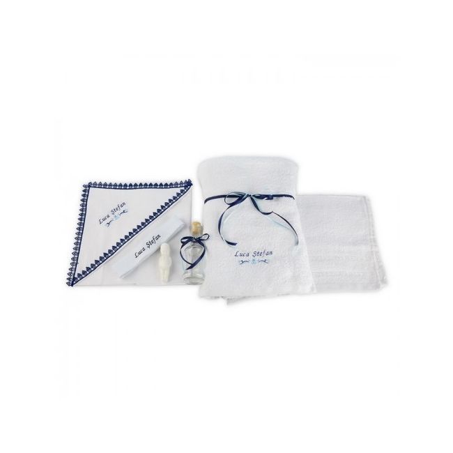 Trusou botez personalizat cu numele baiatului brodat semn grafic bleumarin NKB008 NKO1226