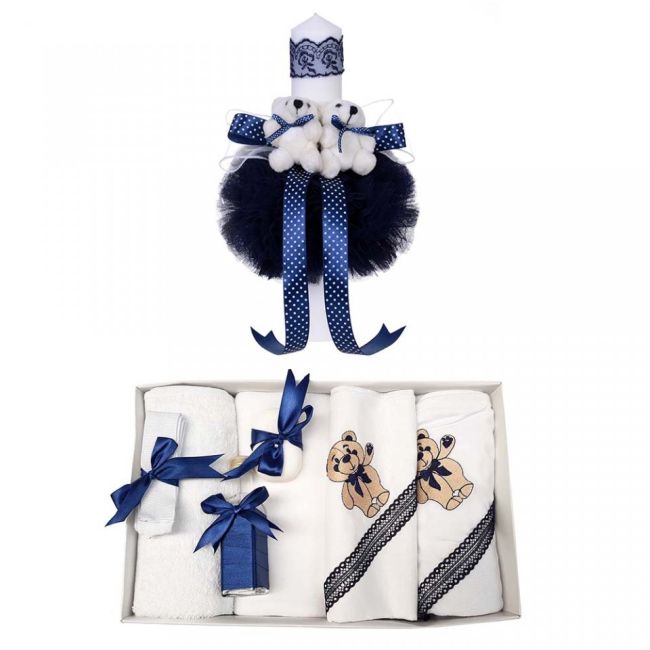 Set Trusou de botez brodat si lumanare si ursuleti pentru Baieti in decor bleumarin Denikos® 98 - NKO1653
