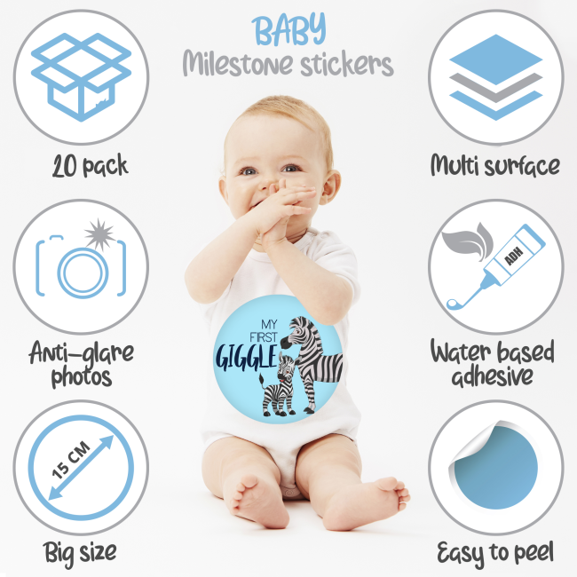 Set Stickere Fotografii Bebelusi My First - Baby Milestone Stickers pentru baieti 15 cm diametru
