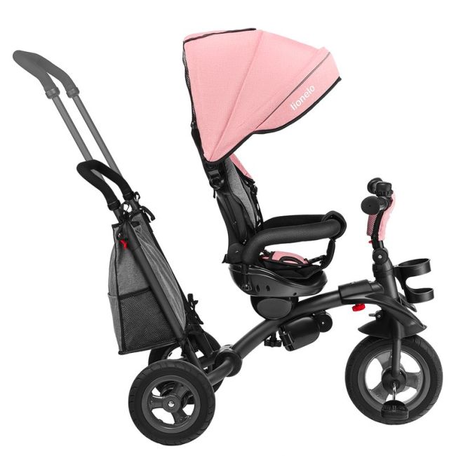Lionelo - Tricicleta Tris Candy Mecanism de pedalare libera, Suport picioare, Control al directiei, Scaun reversibil, Rotire 360 grade, Pliabila, Roz/Gri BYNLO-TRISCANDY_ROSE/GREY