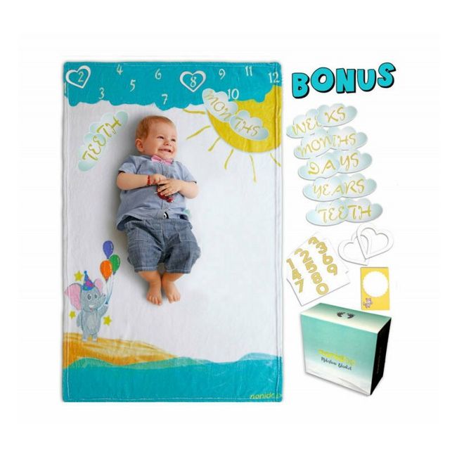 Milestone Blanket Paturica pufoasa pentru fotografii si amintiri nou nascuti si bebelusi Nonidoo Elefantul cu baloane - SOLNO-MB-02