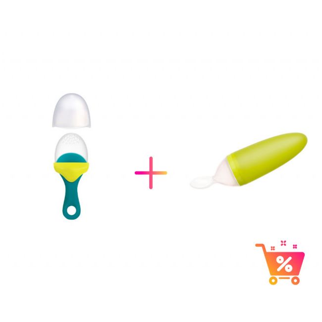 PACHET PROMO - PULP - dispozitiv de hranire din silicon culoare albastru+verde + Lingurita SQUIRT cu rezervor culoare verde - KDC7487635