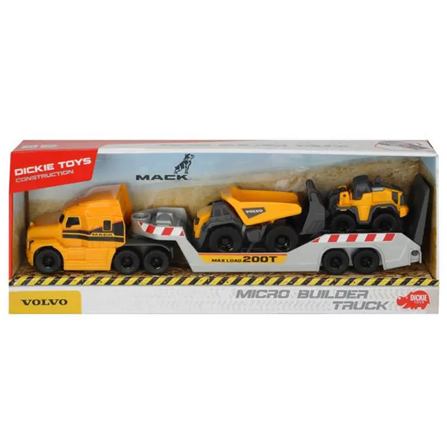 Camion dickie toys mack volvo micro builder cu remorca, buldozer si camion basculant hubs203725005