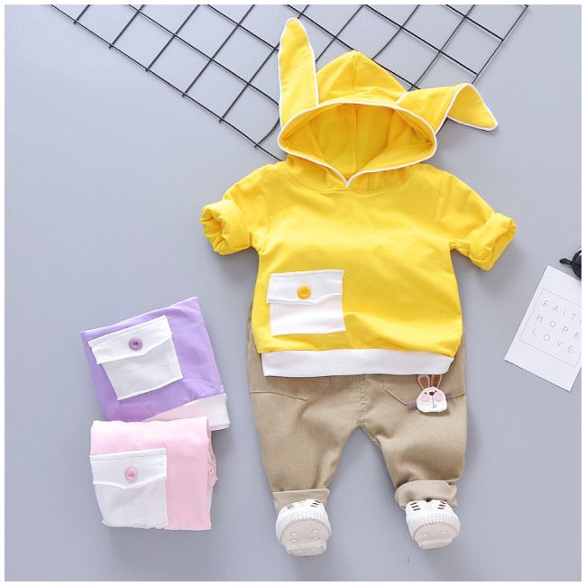 Costum bebelusi cu hanorac galben - Bunny - MDhqm17-11.6-9 luni (Marimea 19 incaltaminte)