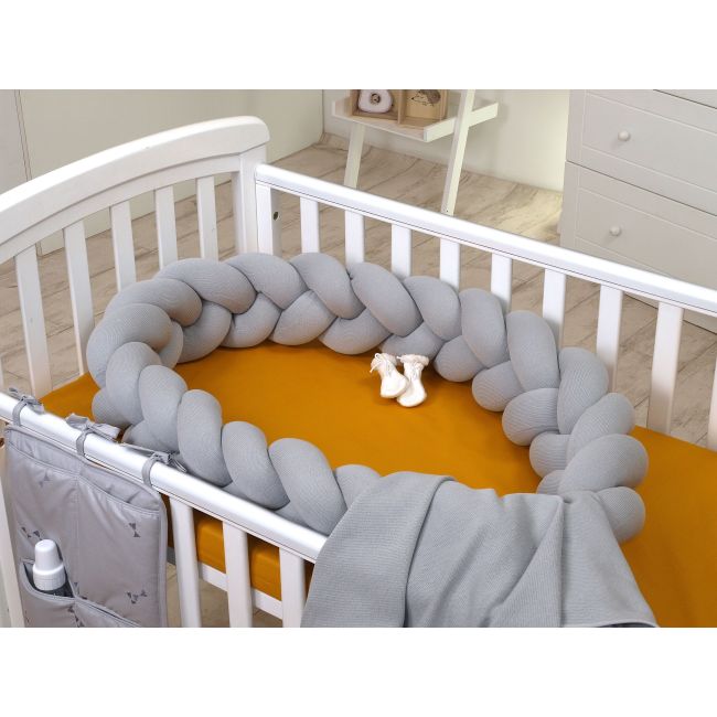 Aparatoare Laterala Pat Bumper Impletit, Cu Inchidere Velcro, Bumbac Tricot Gri, 210x21 Cm Pjb80572