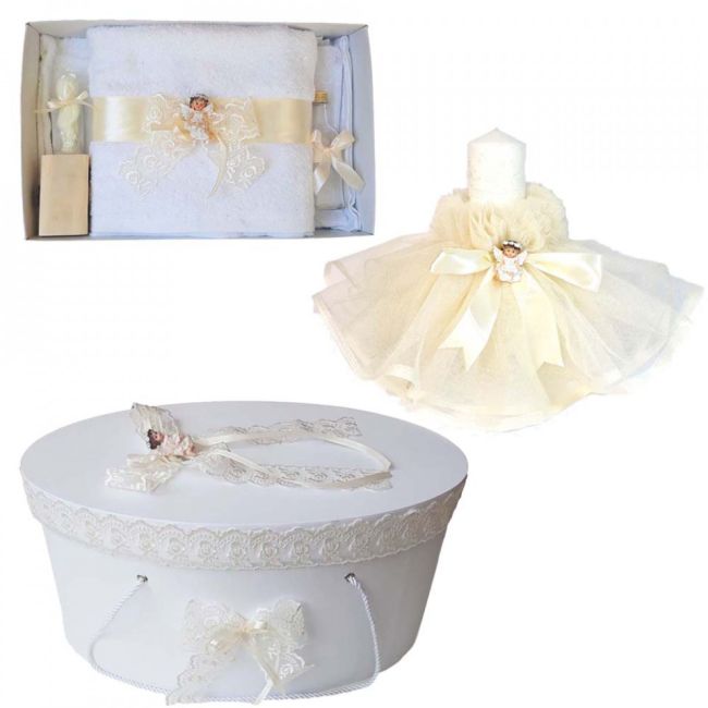 Pachet trusou de botez unisex cu lumanare botez si cutie trusou cu ingeras decor ivoire Denikos® 479 NKO2036