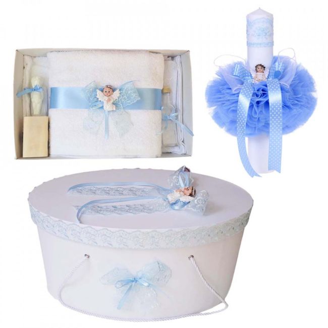 Pachet cu trusou botez si lumanare cu cutie trusou Baietel Denikos® 472 cu ingeras si dantela bleu NKO2029