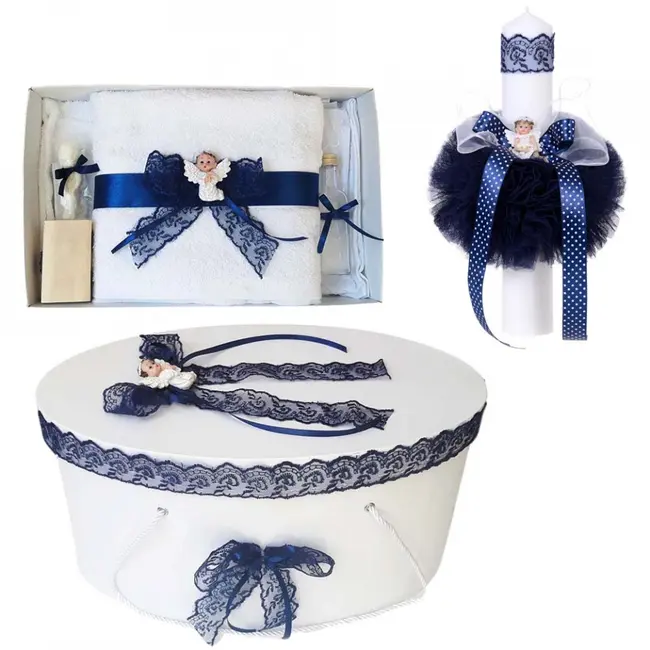 Set trusou botez pentru Baiat cu cutie trusou si lumanare cu ingeras si dantela bleumarin Denikos&reg; 473  NKO2030