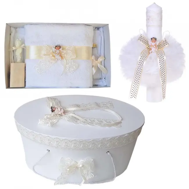 Pachet Trusou botez si cutie trusou cu lumanare botez Unisex, cu ingeras si dantela ivoire Denikos&reg; 471 NKO2028