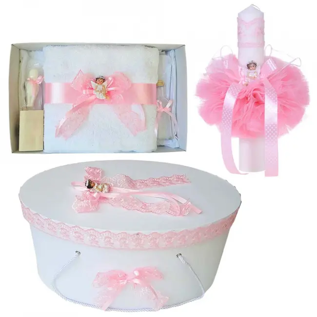 Set cutie trusou si trusou de botez cu lumanare Fetita si ingeras dantela roz Denikos&reg; 474 NKO2031