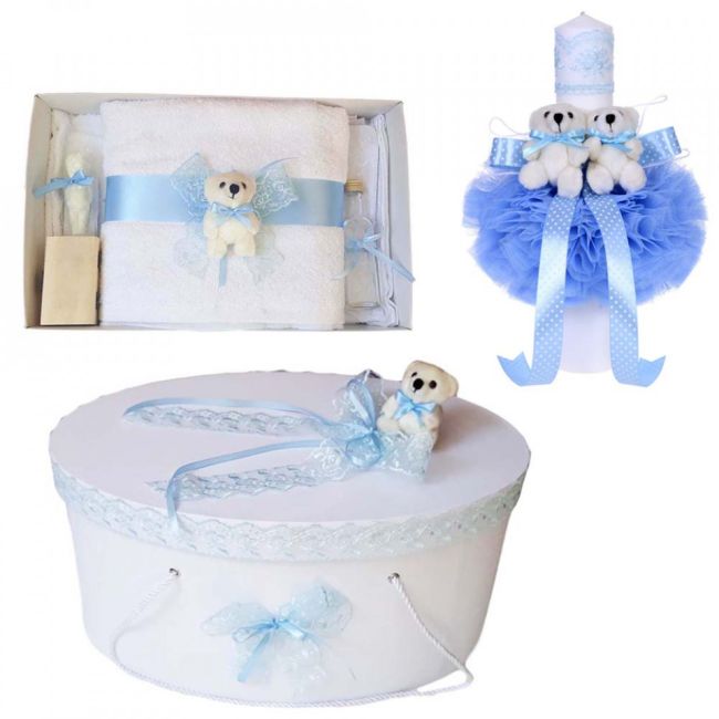 Trusou botez Baieti plus cutie trusou si lumanare cu ursulet dantela bleu Denikos® 468 - NKO2025