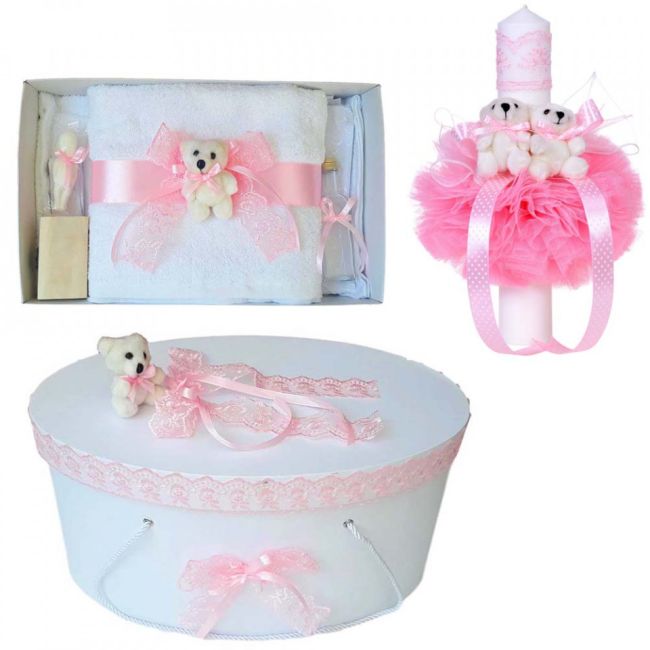 Set trusou botez Fetita si cutie trusou cu lumanare Denikos® 467 si ursulet dantela roz NKO2024