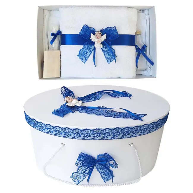 Set trusou botez pentru Baietel si cutie trusou si Ingeras  dantela albastra Denikos&reg; 445 NKO2002