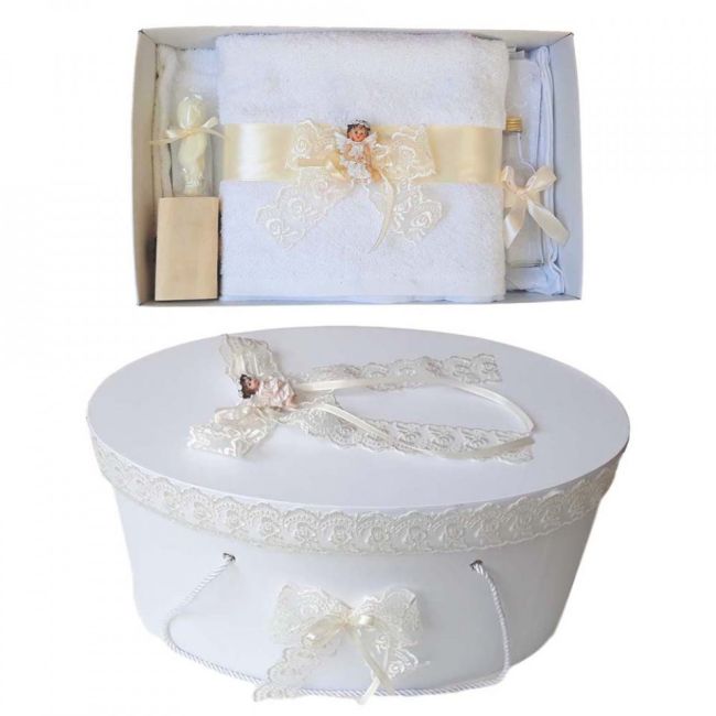 Pachet cutie tursou botez si trusou botez unisex cu dantela ivoire si ingeras Denikos® 449 NKO2006