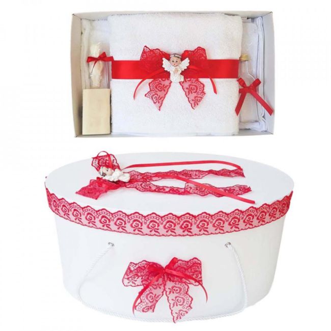 Set trusou botez si cutie trusou pentru Fetita cu ingeras si dantela rosie Denikos® 452 NKO2009