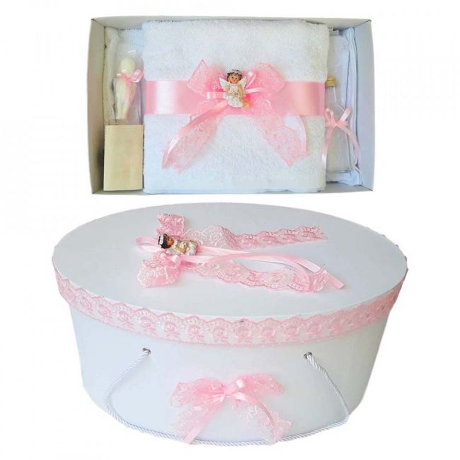 Set trusou botez Fetite si cutie trusou cu Ingeras si dantela roz Denikos® 454 NKO2011