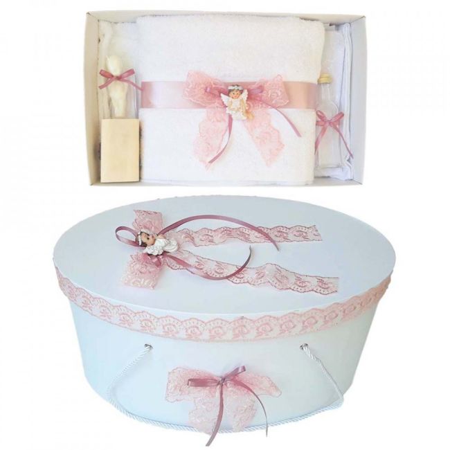 Set trusou botez si cutie trusou cu Ingeras pentru Fete Denikos® 453 cu dantela roz prafuit - NKO2010