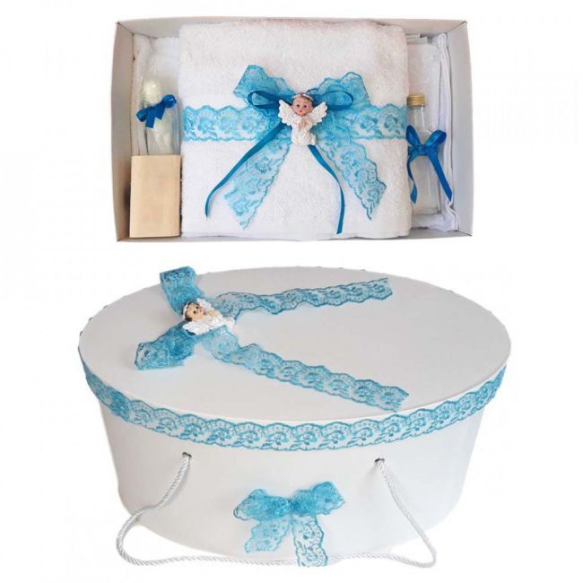 Set trusou de botez Baieti si cutie trusou cu ingeras si dantela turcoaz Denikos® 455 NKO2012