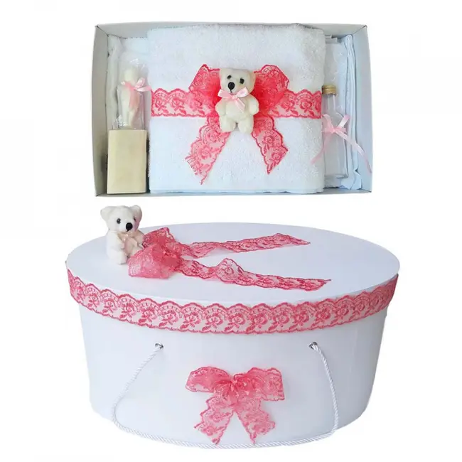 Pachet Trusou botez si cutie trusou pentru Fete Denikos&reg; 461 cu dantela corai si ursulet - NKO2018