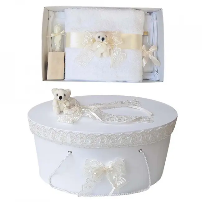 Set trusou botez si cutie trusou Unisex cu ursulet si dantela ivory Denikos&reg; 460 NKO2017