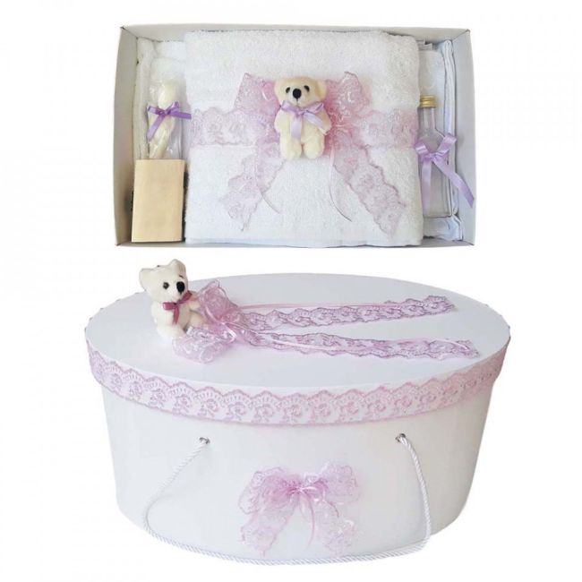 Set Trusou de botez si cutie trusou pentru Fetite cu dantela lila si ursulet Denikos® 462 NKO2019