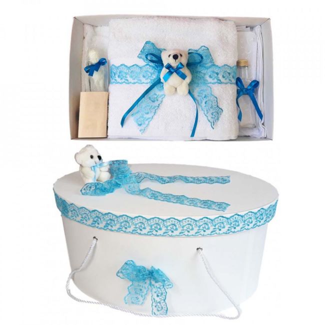 Set trusou botez si cutie trusou cu ursulet si dantela turcoaz pentru baieti Denikos® 459 NKO2016