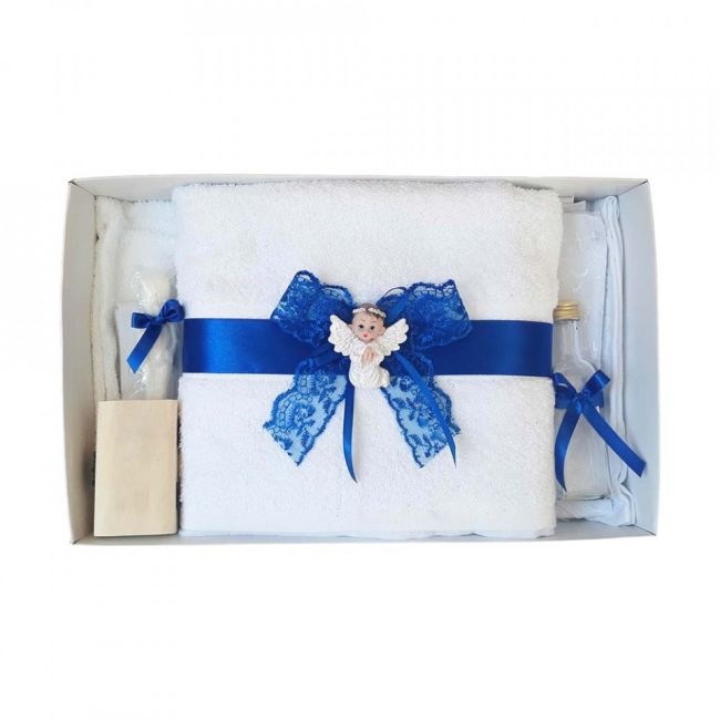 Trusou pentru botez Baieti cu decor dantela albastra si ingeras Denikos® 424 NKO1981