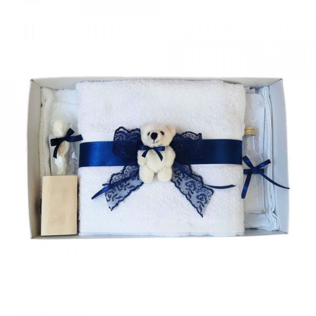 Trusou de botez pentru Baieti cu decor dantela bleumarin si ursulet Denikos® 436 NKO1993