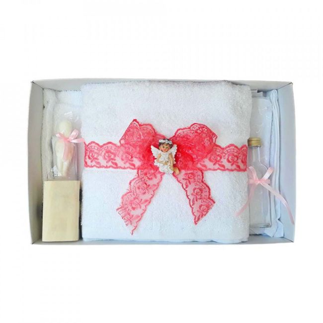 Trusou de botez cu dantela corai si ingeras Denikos 427 pentru Fetite - NKO1984
