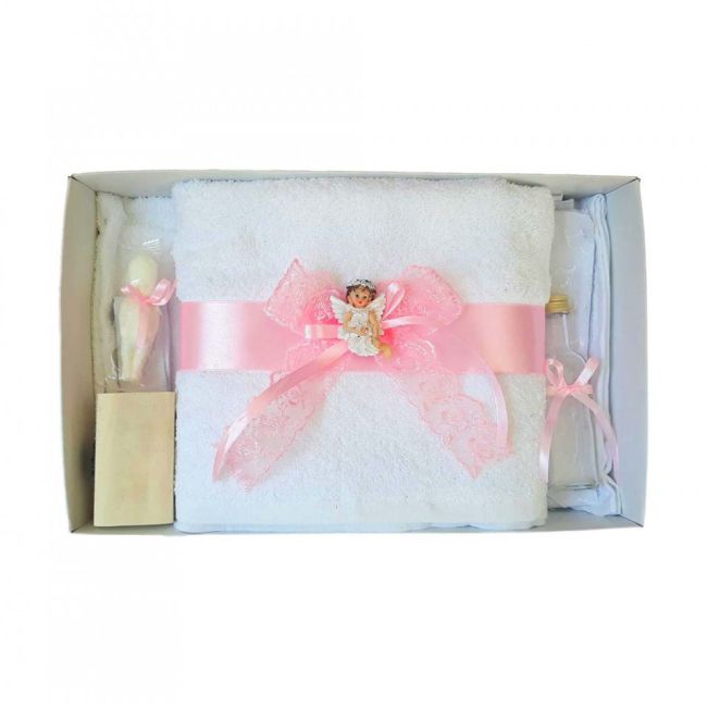 Trusou de botez pentru Fete Denikos 433 cu dantela roz si ingeras - NKO1990