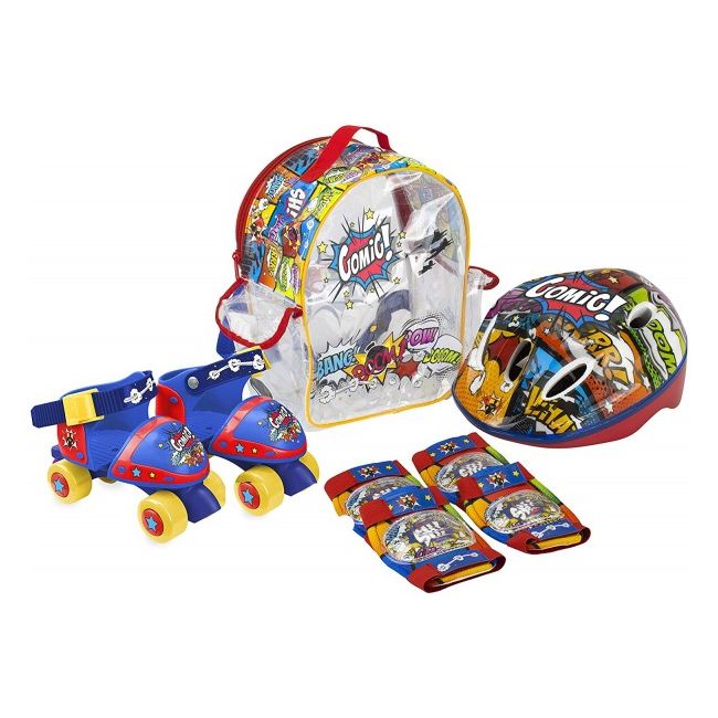 Set Patine cu rotile pentru copii Saica 9745 Comic marime reglabila 24-29 cu accesorii protectie si casca - SOLSA9745