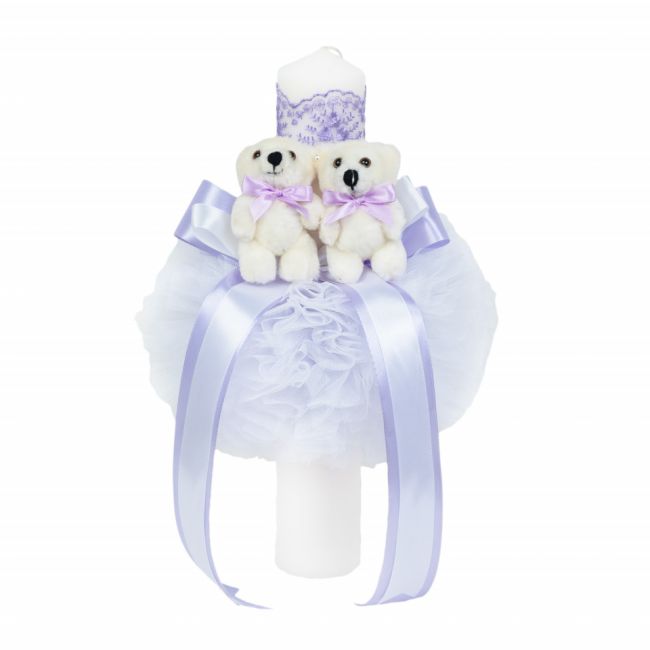 Lumanare pentru botez pentru fete cu 2 ursuleti si decor LILA Denikos® 525 NKO2056