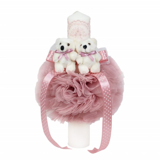 Lumanare botez pentru fete cu 2 ursuleti decor roz pudra Denikos® 528 NKO2059