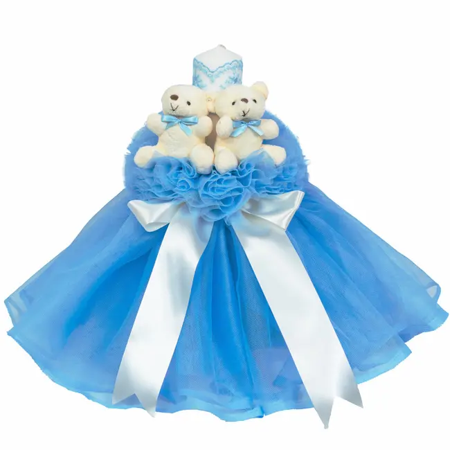 Lumanare botez cu tul decor bleu si ursuleti Baietel Denikos&reg; 530 NKO2061