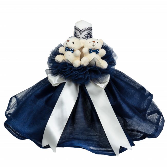 Lumanare de botez cu tul si decor bleumarin cu ursuleti pentru Baiatel Denikos® 531 NKO2062