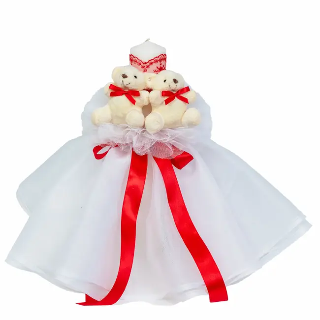 Lumanare botez cu tul in decor Rosu si ursuleti Fata Denikos&reg; 535 NKO2066