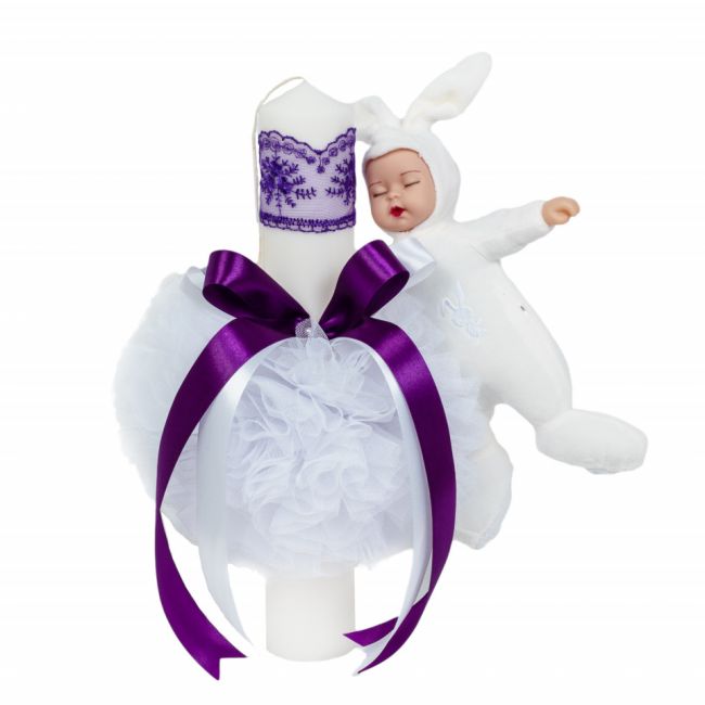 Lumanare pentru botez Fetita cu jucarie iepuras in decor Mov Denikos® 515 NKO2046