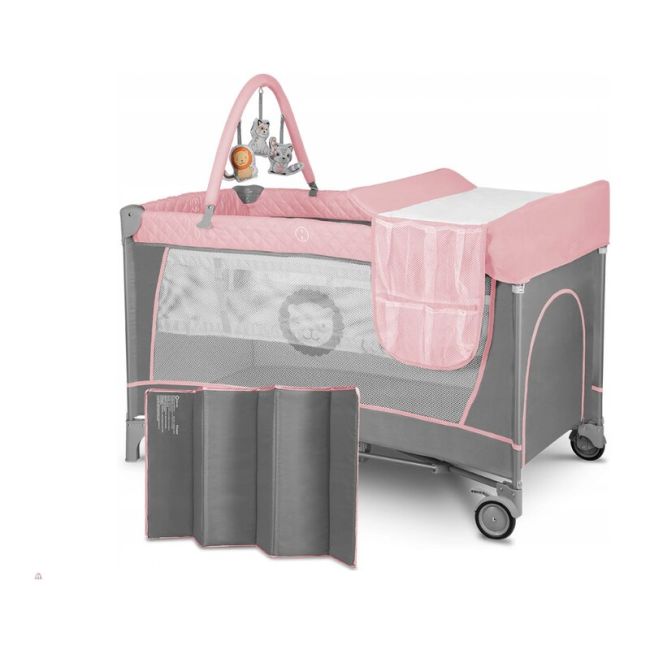 Lionelo - Patut pliant cu doua nivele Flower Cu arcada, 120x60 cm, Roz BYNLO-FLOWER_FLAMINGO