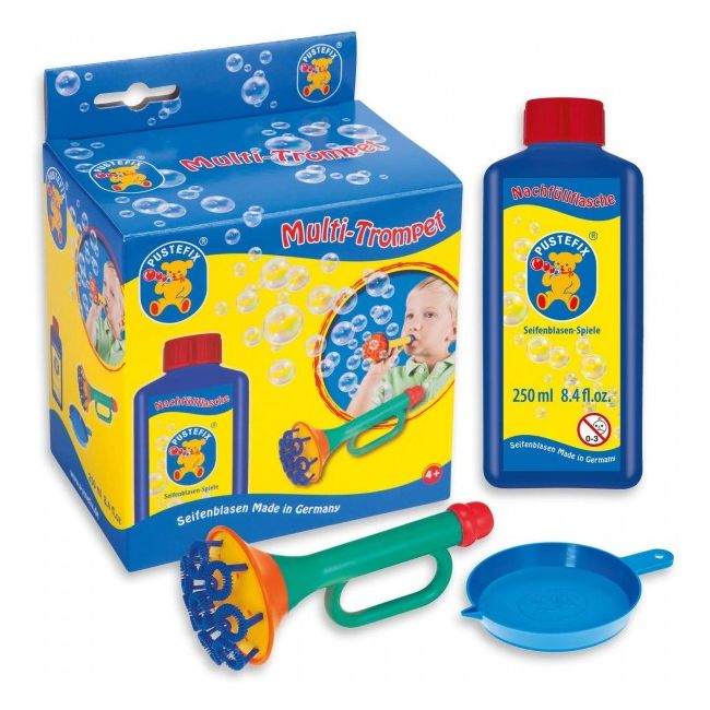 Set baloane de sapun Pustefix trompeta pentru multiple baloane tavita lichid si bidonas cu 250 ml de lichid - SOLPUS869-555