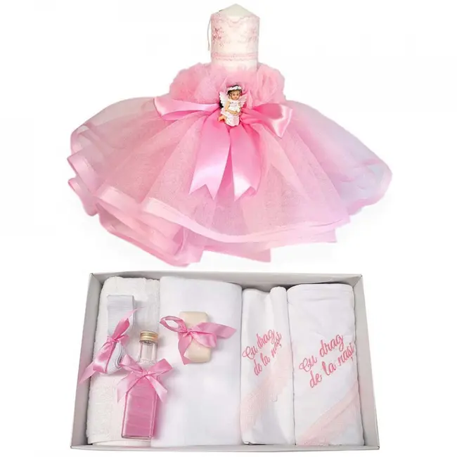Pachet Trusou botez cu mesaj si lumanare cu dantela si Ingeras decor roz Fete Denikos&reg; 552 - NKO2970