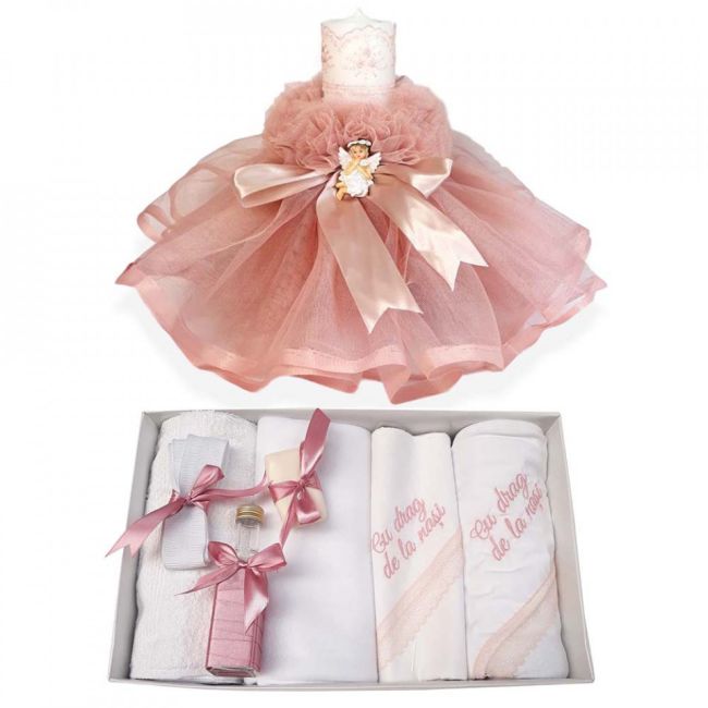 Set Trusou botez cu mesaj Fetita si lumanare cu dantela si Ingeras, decor roz pudra Denikos® 551- NKO2969