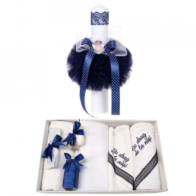 Set trusou botez cu mesaj si lumanare cu Ingeras pentru Baietel Denikos® 548 cu decor bleumarin - NKO2966