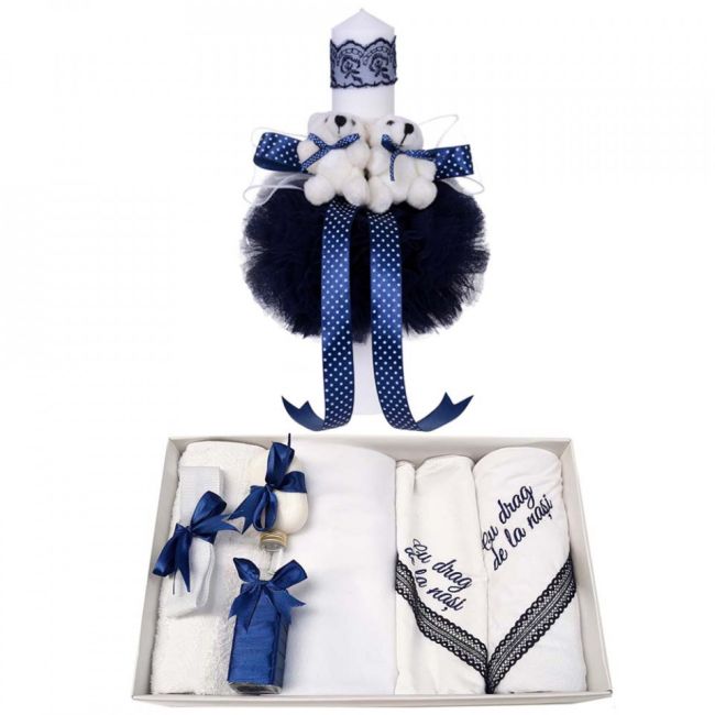 Set Trusou botez cu mesaj si lumanare pentru Baietel cu decor bleumarin, ursuleti Denikos® 539 - NKO2957